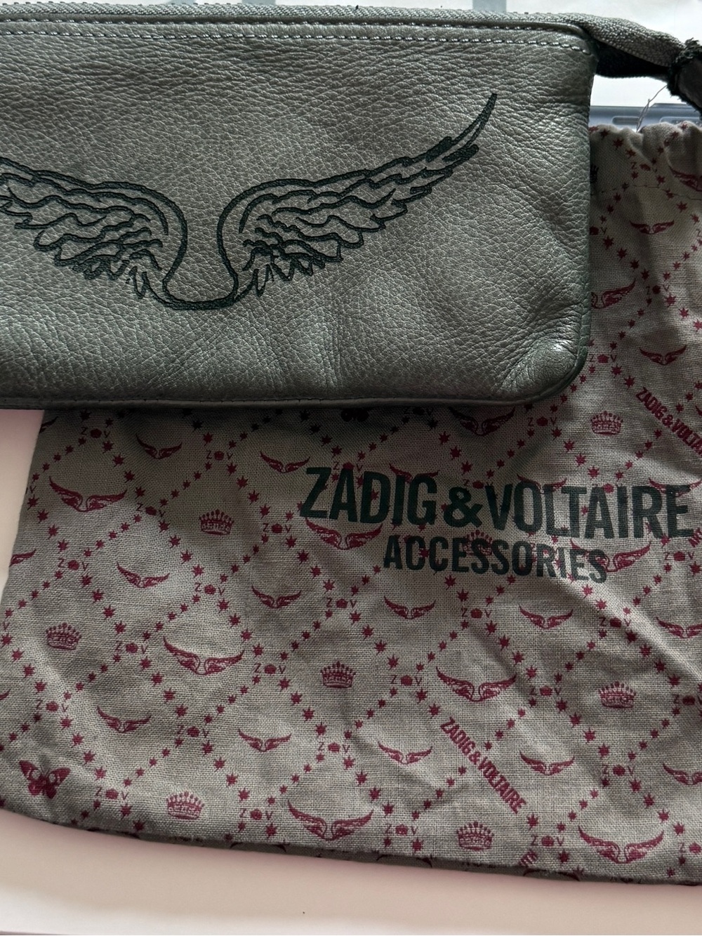 Zadig & Voltaire Gray Leather Wing Motif Wristlet